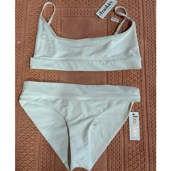 Frankies Bikinis Gavin Ribbed Set XL White Bralette Top & High Cut Bottoms NWT - Picture 1 of 9